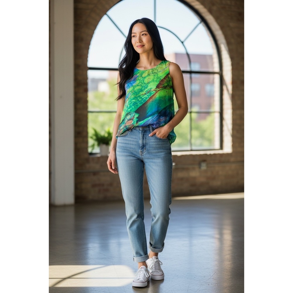 Joseph Ribkoff Abstract Watercolor Print Sleeveless Bow Back Top Green Blue 12